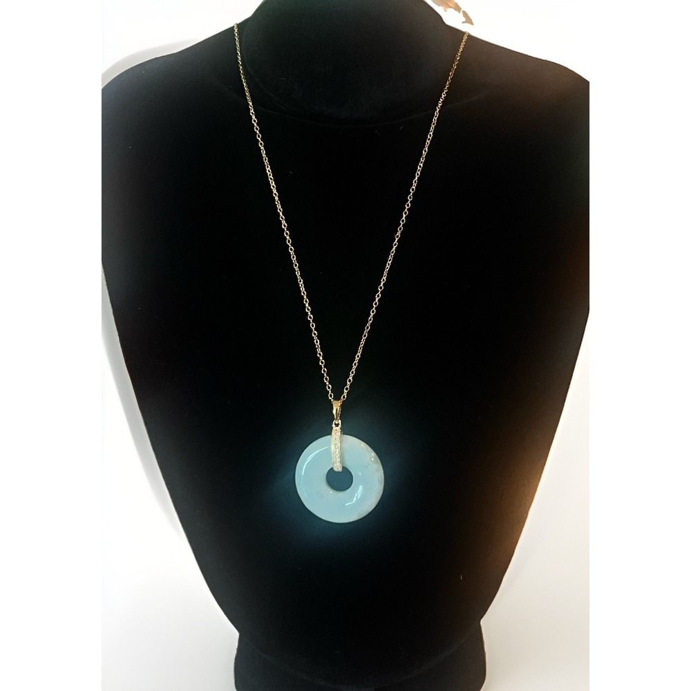 Sterling Silver, 18k Overlay, Jade White Topaz Disc Necklace NWT Good Luck